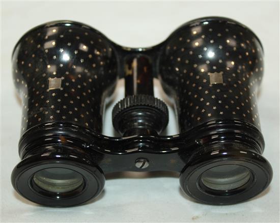 A pair of Victorian tortoiseshell pique opera glasses, case 5in.